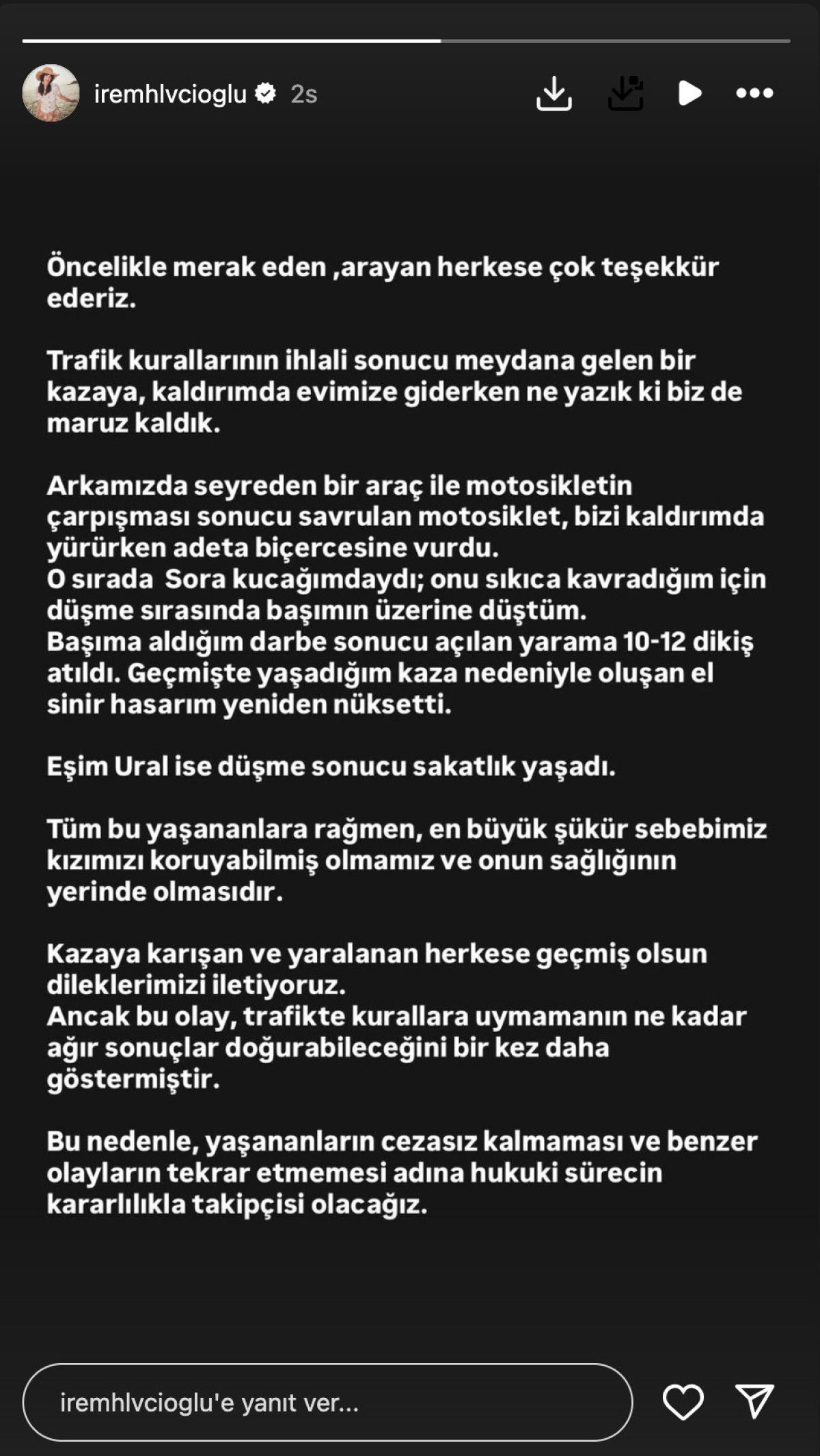 Ünlü oyuncu İrem Helvacıoğlu korkutan kazayı anlattı